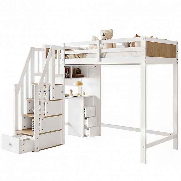 OKWISH PATROVÁ postel 90/200 cm bílá+přírodní s psacím stolem a úložným prostorem na schodech