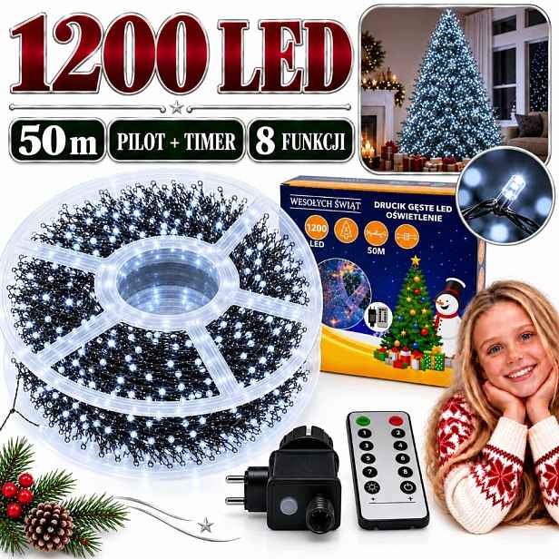 Vánoční Osvětlení Na Stromeček 1200 Led 50 M Studené Bílé Drátek Pilot Časovač 8 Režimů