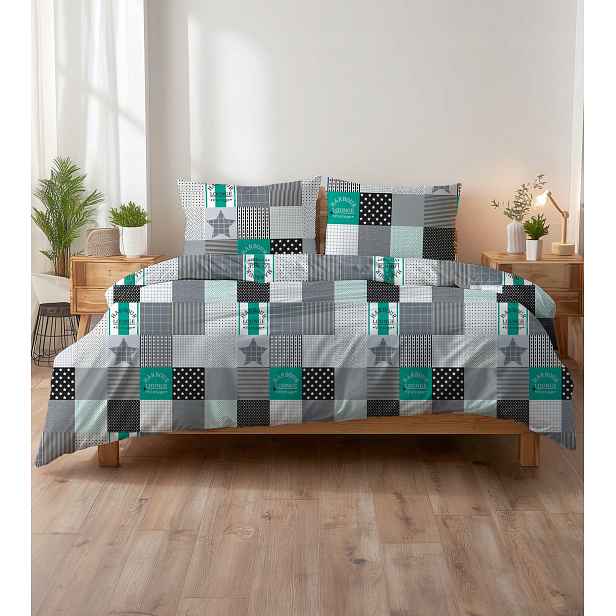 Krepové povlečení 140x200 patchwork černo-bílo-tyrkysové s hvězdami a kostkou