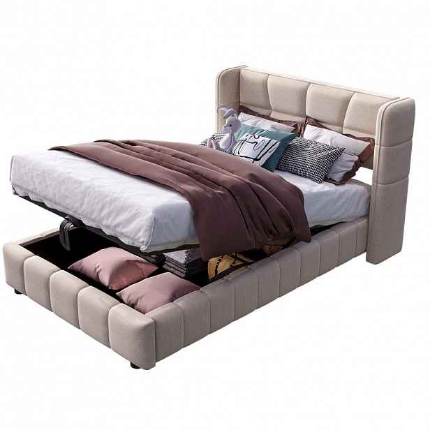OKWISH POLOHOVACÍ postel 90/200 cm béžová z látky s úložným prostorem a čalouněným čelem