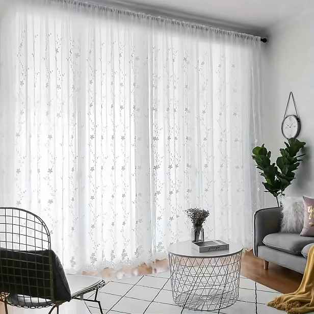 TEMU 1 ks, Exkluzivní Pastelový Styl Bílá Květinová Vyšívaná Záclona s Flitry, Prodyšná Síťovina, na Tyč, Pratelná a Rychleschnoucí, Minimalistická