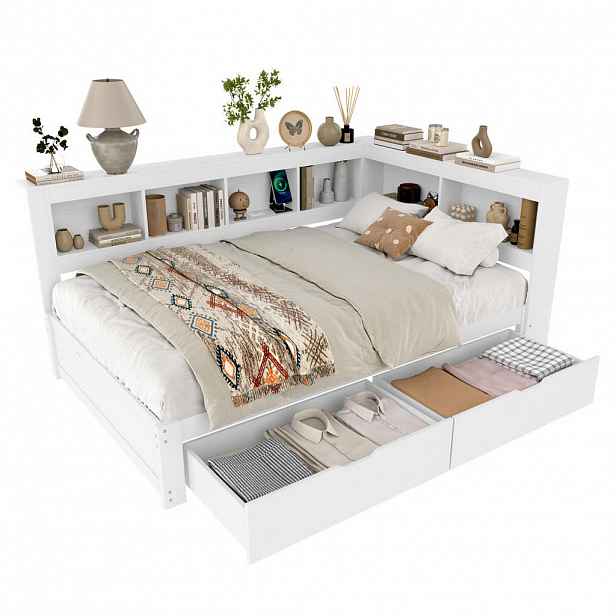 CHICFURN POSTEL 140/200 cm v bílé barvě se 2 zásuvkami, USB a elektrickou zásuvkou