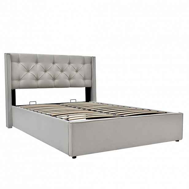 OKWISH ČALOUNĚNÁ postel 140/200 cm světle šedá z bavlny s úložným prostorem a výklopným roštem