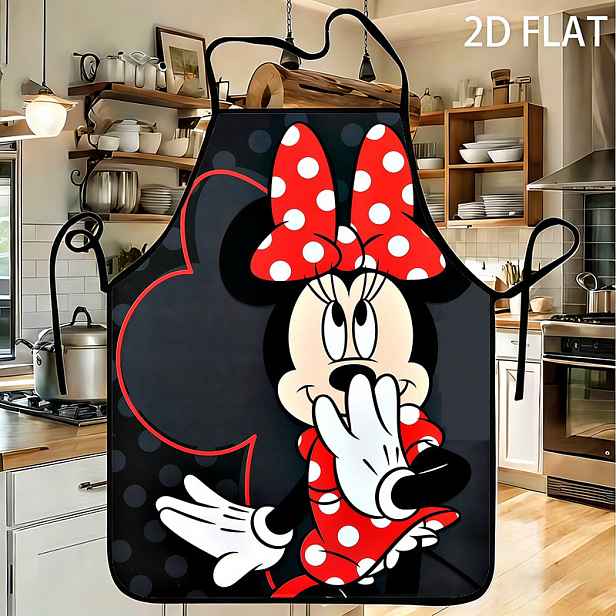 TEMU 1 ks Disney Minnie Mouse roztomilý kreslený obrázek s ikonickou červenou puntíkovanou mašlí a tmavým puntíkovaným pozadím, kuchyňská zástěra -
