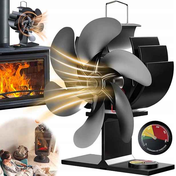 6-LAMELOVÝ Krbový Ventilátor S Teploměrem, Zesílená Základna