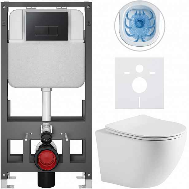 Kompletní WC set Basic/Cesso - bílá matná - WC tlačítko Modulo/Černá - volně stojící - předstěnová instalace - 49x36 cm - 8050BD86277