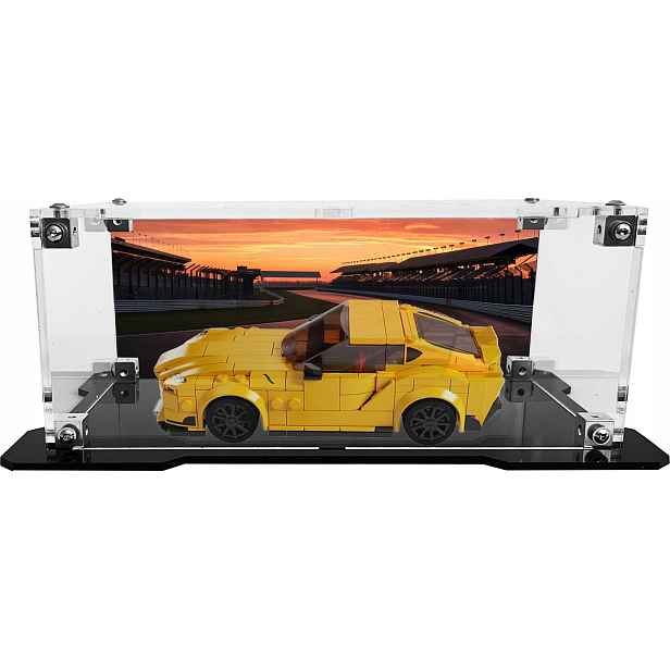 Vitrína s černou základnou a pozadím pro sadu Lego 76901 Toyota Gr Supra