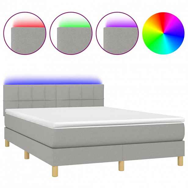 vidaXL Box spring postel s matrací a LED světle šedá 140x190 cm textil
