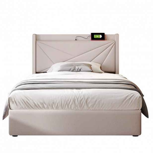 OKWISH ČALOUNĚNÁ postel 90/200 cm béžová z bavlněného lnu s úložným prostorem a USB/Typ-C