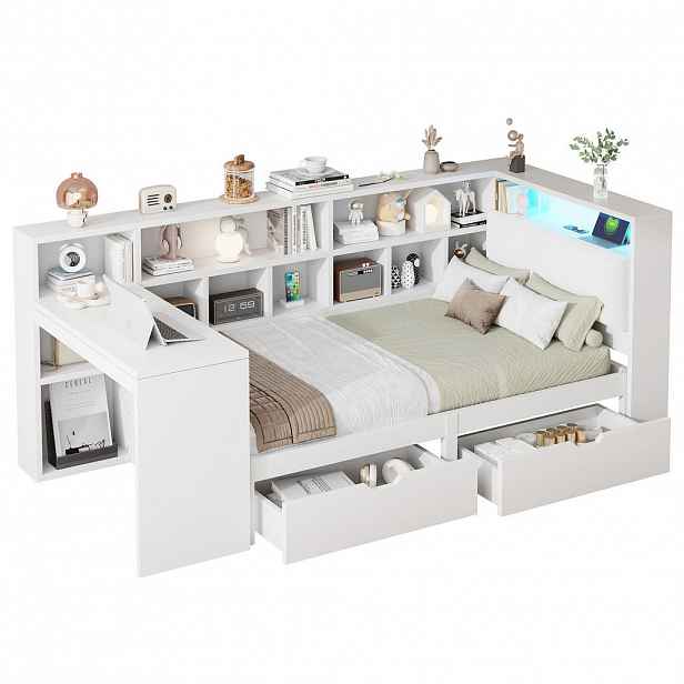 CHICFURN POSTEL 90/200 cm v bílé barvě s psacím stolem, LED osvětlením a úložným prostorem