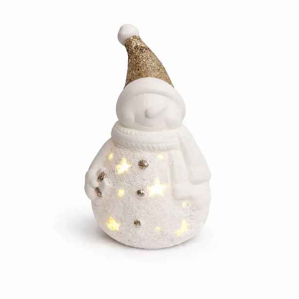 LED dekorace keramický sněhulák, 9,3 × 8,8 × 16,5 cm, teple bílá, 2× LR44