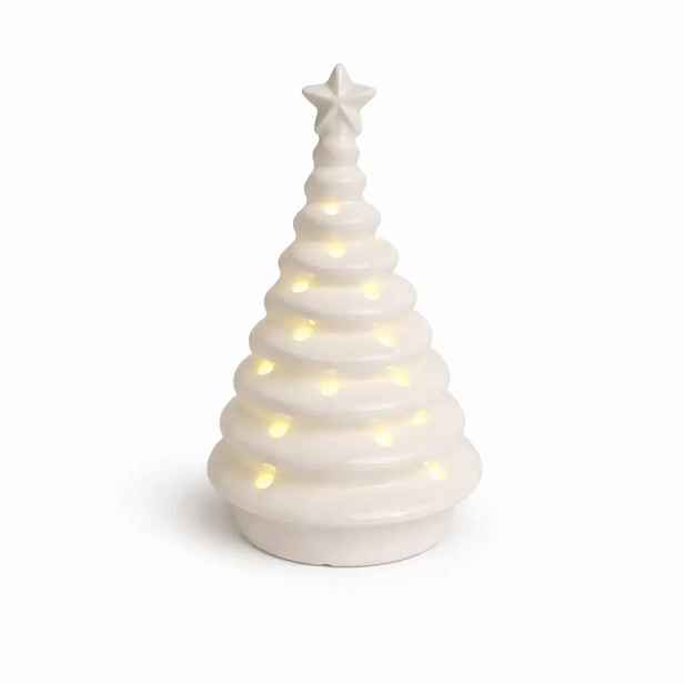 LED svítící dekorace keramický stromeček, 6,2 × 6,2 × 11,2 cm, teple bílá, 2× LR44