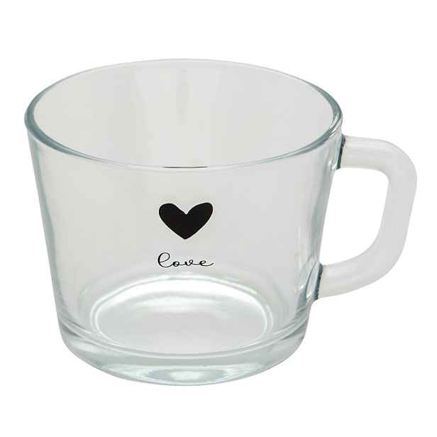 Skleněný hrneček s černým srdíčkem Love - 13*10*9 cm / 450 ml Clayre & Eef
