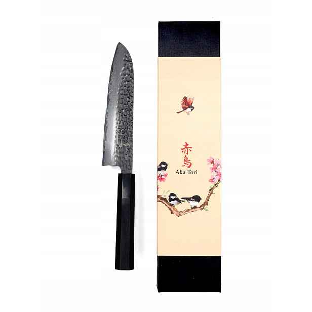 Japonský Nůž šéfkuchaře Aka Tori Santoku Ocel Damašková TokyoBlack 18 cm