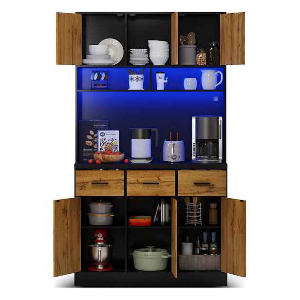 Modenvie BUFFET skříň 100/40/180 cm z MDF a nábytkové desky, černá/přírodní, LED a USB