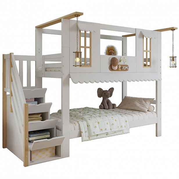 OKWISH PATROVÁ postel 90/200 cm bílá z borovice a MDF s úložnými schody
