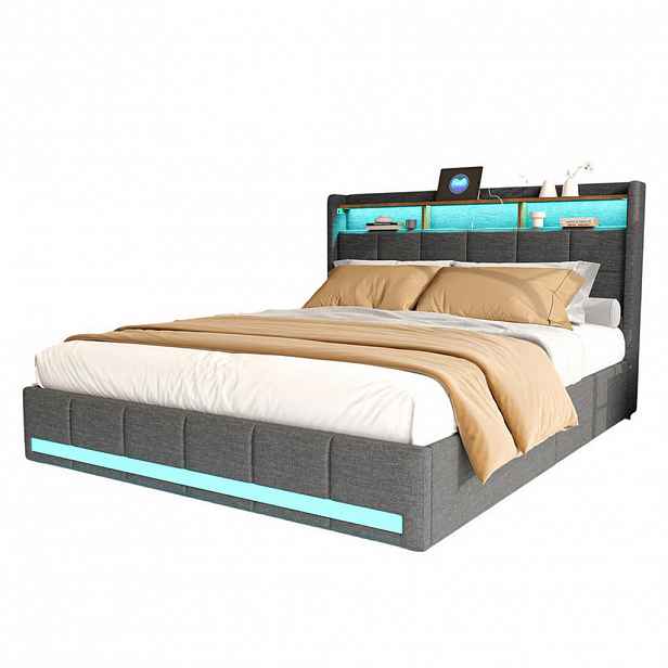 SHOPENTRA ČALOUNĚNÁ postel 180x200 cm šedá látka LED USB Type-C 4 zásuvky