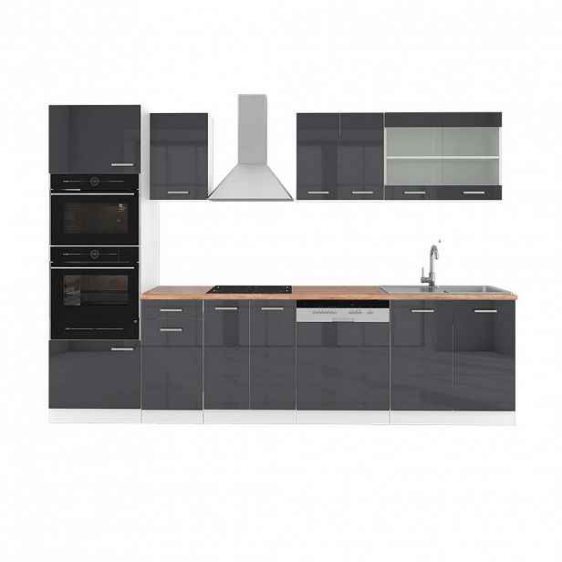 Vicco KUCHYŇSKÝ KOUT R-Line Antracitový vysoký lesk 300 cm s vysokou skříní, PD Dub