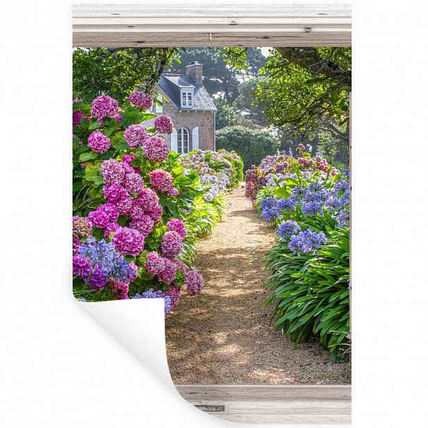 MuchoWow SAMOLEPKA NA ZEĎ Hortenzie - Průhledné - Květiny - Léto - Fialová - Cesta 80x120 cm