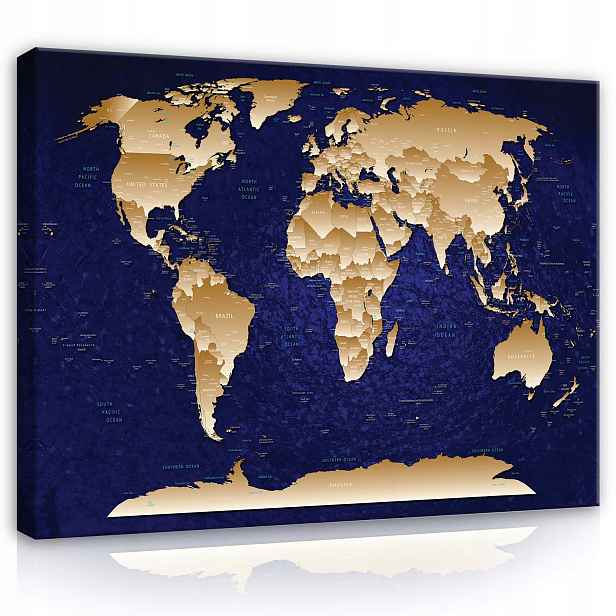 Obraz 80x60 Mapa světa zlaté kontinenty modrý oceán geografie cestování