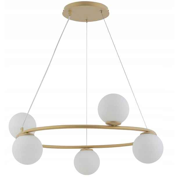 Dekorativní závěsná lampa zlatá kulatá 68 cm skleněné bílé koule 5 bodů Sigma