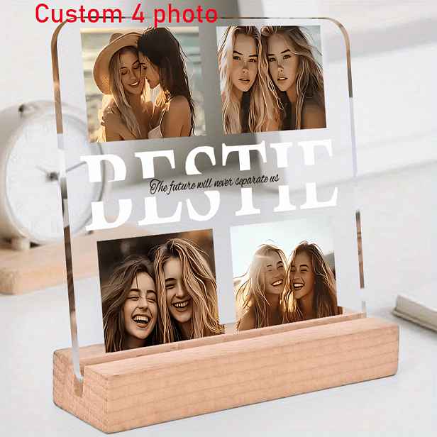 TEMU [2D Flat] Osobní akrylová 4 fotografií přátelství displej plaketa - 'Photo' Design displeje, s dřevěným stojanem, teplý kreativní dárek,