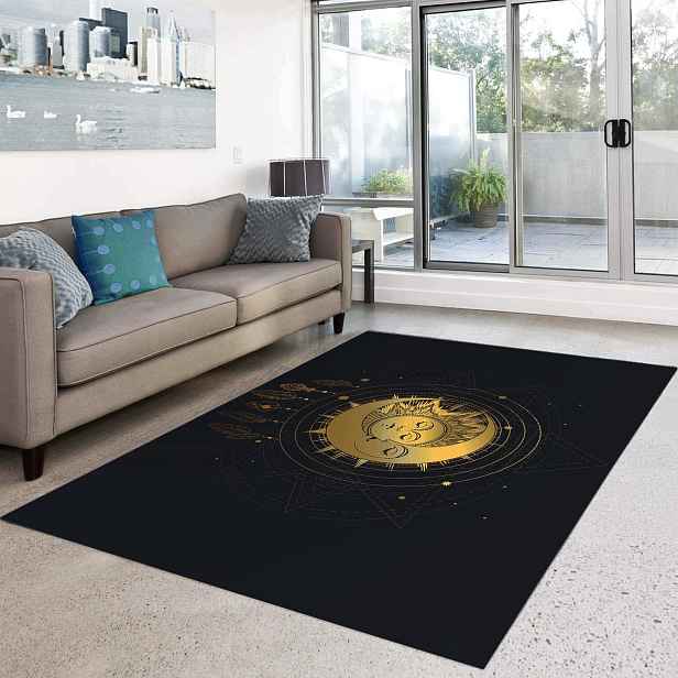 Koberec Hosima 160x120 cm černý zlatý slunce měsíc protiskluzový