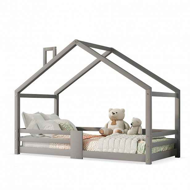 CHICFURN DOMEČKOVÁ POSTEL 90/200 cm v šedé barvě z masivního borovicového dřeva