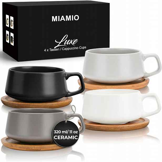 Šálky Set Miamio 320 ml S Dřevěnými Podložkami Kameninová Keramika
