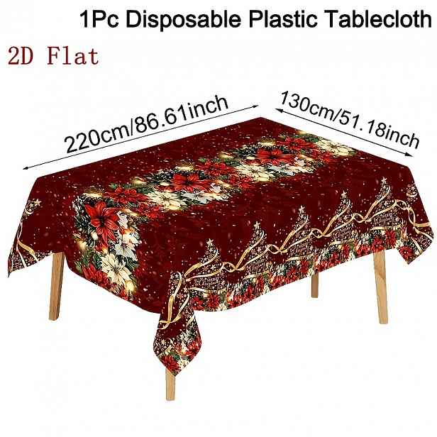 TEMU 2D plochý, 1 ks sváteční vánoční ubrus, červený šiška, vánoční stromek, zlatá stuha, tisk, 130 x 220 cm, jednorázový plastový ubrus pro zimní