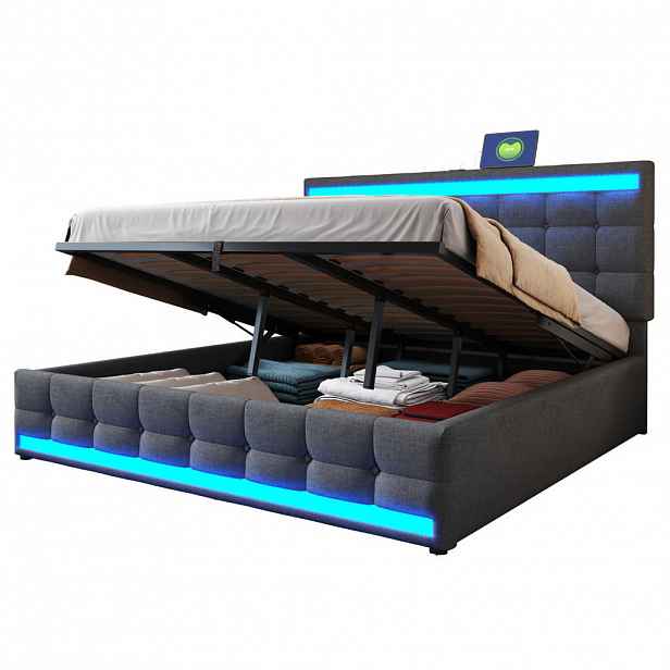 Redom ČALOUNĚNÁ postel 180/200 cm s RGB LED osvětlením, USB porty a nastavitelným čelem, Šedá