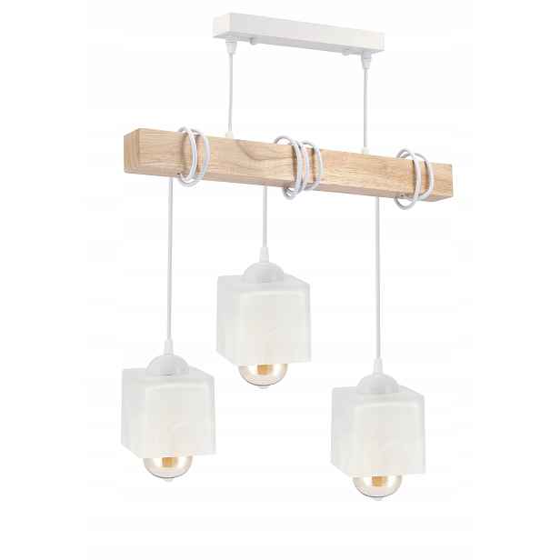 Závěsná Led lampa Bílá Dřevo 3x E27 Lustr Mléčná kostka