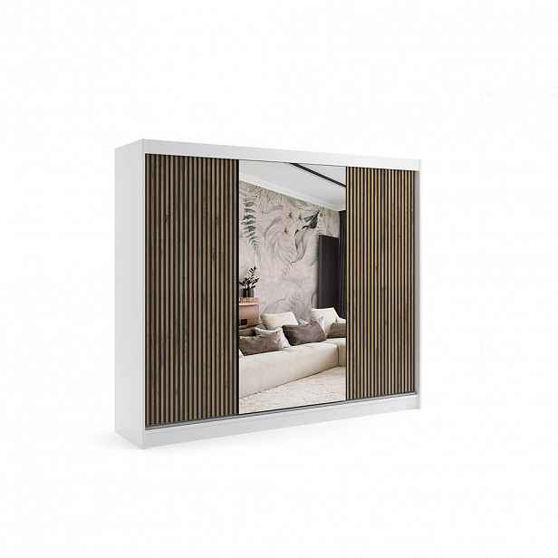 ALTDECOR ŠATNÍ SKŘÍŇ VILAN s zrcadlem – 250 cm – bílá | dub wotan