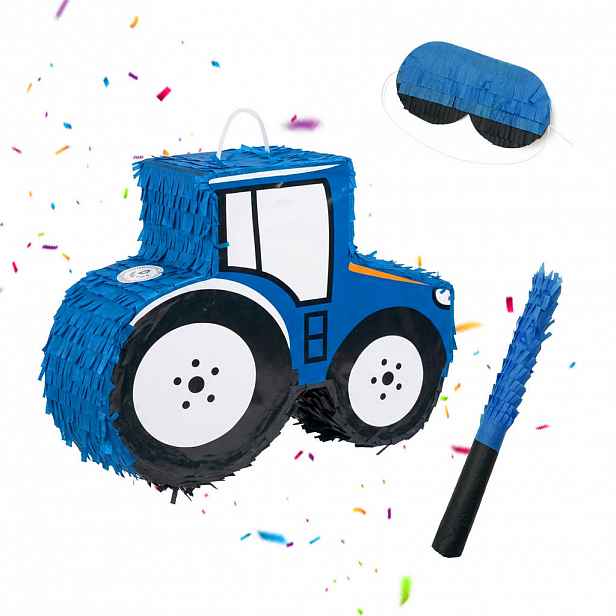 Relaxdays PIŇATA Modrá traktor 3-dílná-sada s tyčí a maskou