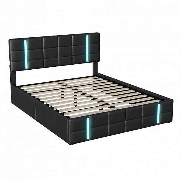 SHOPENTRA ČALOUNĚNÁ postel 140x200 cm Černá PU LED USB úložný prostor