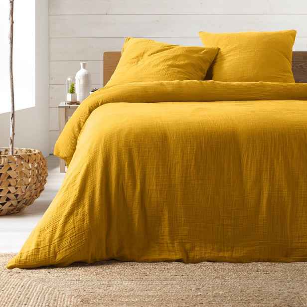 Žluté prodloužené mušelínové povlečení na dvoulůžko 240x260 cm Angelia – douceur d'intérieur