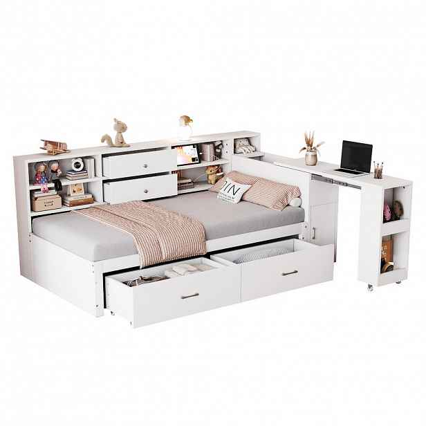 CHICFURN POSTEL 90/200 cm v bílé barvě s úložným prostorem, USB a výsuvným stolkem