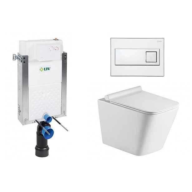 Liv-Fluidmaster Wc set Square Wall podmítková nádrž do zdiva; rimless mísa; sedátko a tlačítko bílé/chrom 73730 - SET(669931; 73730; OLKLT052E)