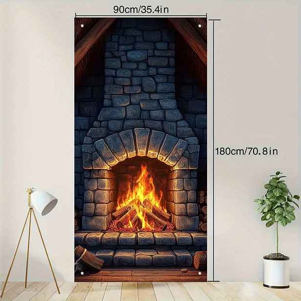 TEMU 2D Dveřní Banner, 1 ks 2D Tištěný Kamenný Krbový Banner – Realistické Plameny a Motýli Design, 35,4x70,8 Palce Polyesterová Tkanina na Dveře pro