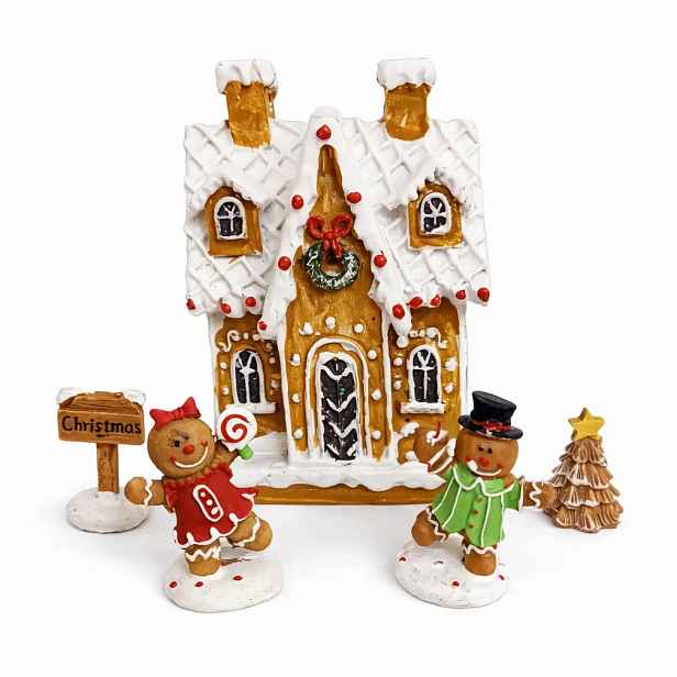 Dekorace perníková chaloupka a perníčky 20,3 × 17,4 × 7,5 cm, IP20, polyresin umělá pryskyřice