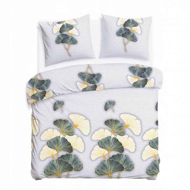 Povlečení flanelové 160x200 šedé, zelené listy ginkga Flanelove