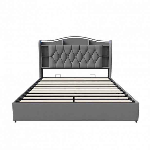 SHOPENTRA ČALOUNĚNÁ postel 140/200 cm šedá s bed boxem a bezdrátovým nabíjením