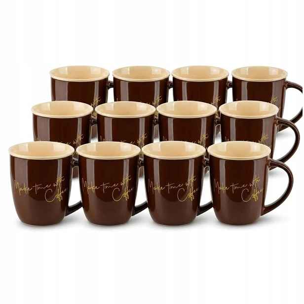 Sada šálků na kávu a čaj 12 ks Porcelánové 330 ml Hnědé Hendia