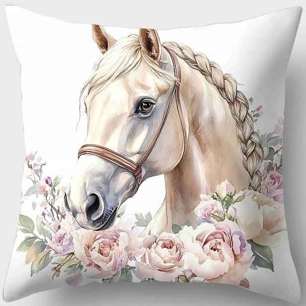 TEMU 1ks Elegantní Potah Na Polštář S Potiskem Koně A Květin, 17,72" X 17,72", Měkký Polyester, Zip, Strojové Praní - Ideální Pro Domácí Pohovku A