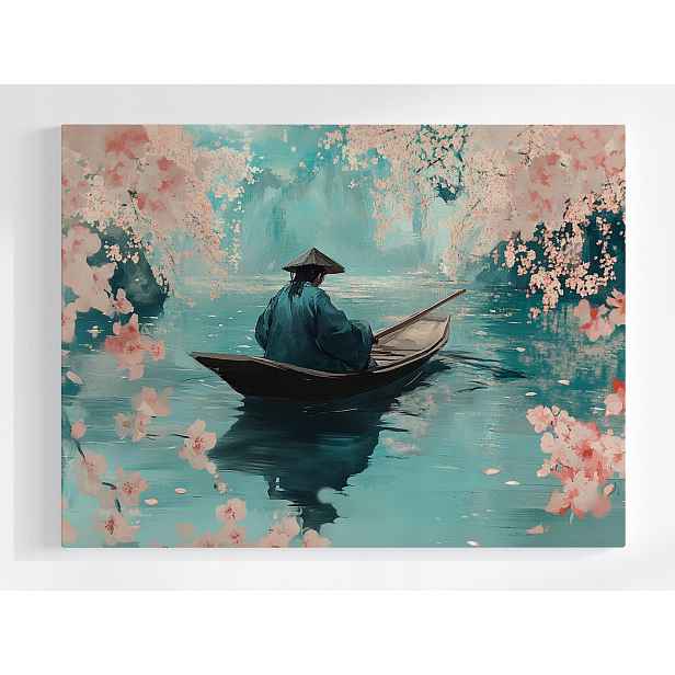 Plakát Asie Japonsko Višeň Květiny Loď Voda Odraz 100x75