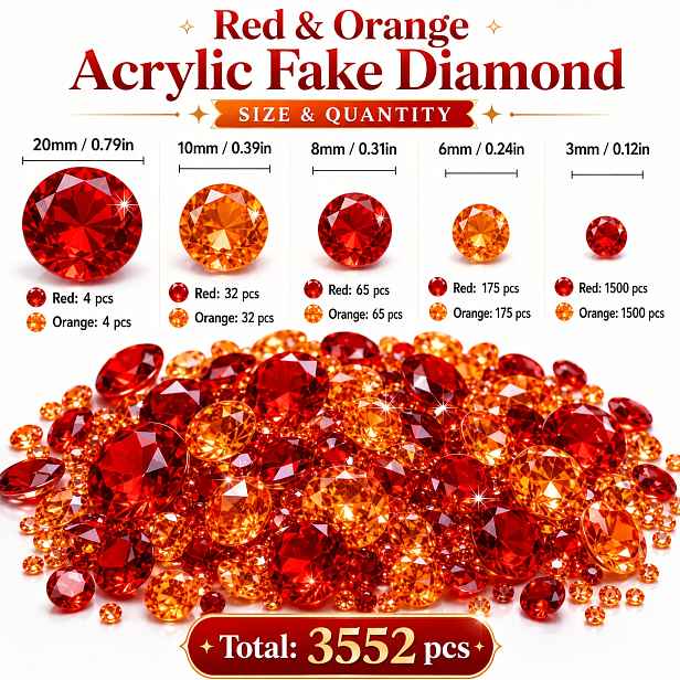 TEMU 3552 ks červených a oranžových průhledných falešných diamantových krystalů vhodných pro řemesla, nail art, výplně do váz, středové dekorace na