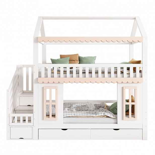 CHICFURN PATROVÁ POSTEL 90/200 cm v bílé a přírodní barvě se schůdky a úložným prostorem