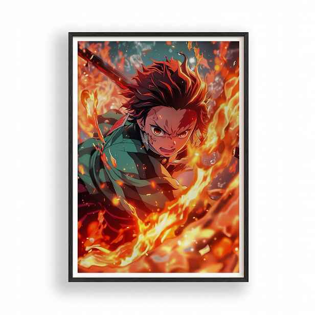 Obraz Demon Slayer Tanjiro Oheň Plakát Rámeček Dřevěný Černý 30x42 cm