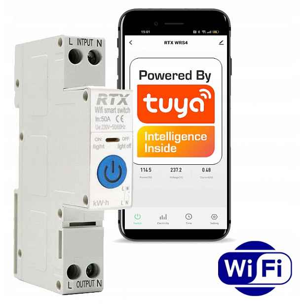 Reléový ovladač Tuya 50A Din WiFi Měření Energie