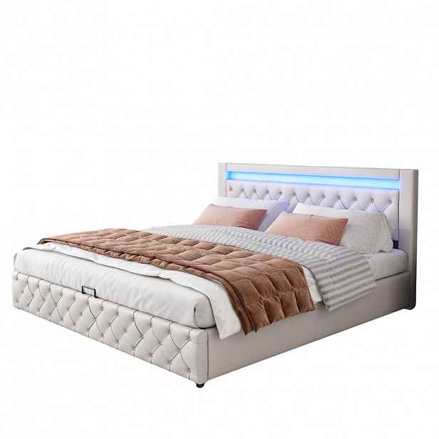 OKWISH ČALOUNĚNÁ postel 160/200 cm bílá z PU s LED osvětlením a úložným prostorem